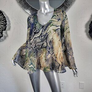 SHOW ME YOUR MUMU~M~BROWN BLACK SNAKESKIN ANIMAL PRINT TUNIC TOP BLOUSE PEASANT